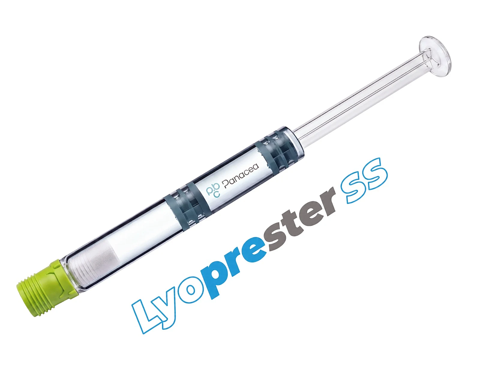 The Lyoprester SS dual-chamber single-shot device: protected lyophilised formulation chamber beside the separate 0.5 mL P-EARLs reconstitution chamber